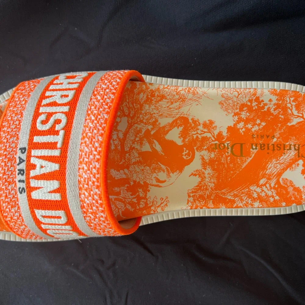 DIOR Bright Orange Toile de Jouy Embroidered Cotton DWAY SLIDE - size 38 - Picture 7 of 11